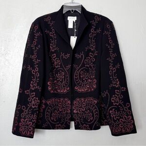 Pririt Coldwater Creek Black/Wine Red Bonnaz Embroidered Blazer Jacket Size 16